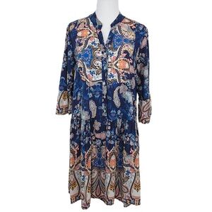 KARAMEL Italy Blue Paisley Floral Boho Babydoll Dress Women's OS Fits S-L